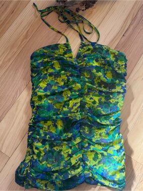 Ganni Green Blue Floral Halter top